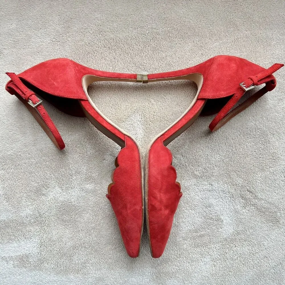 Minelli Spain Red Suede Scalloped Edge Pump Heel Ankle Strap Women EU 38 US‎ 7.5